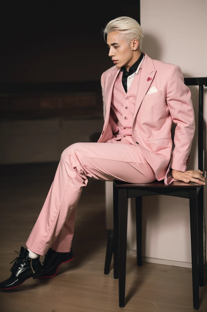 A man with white hair wearing a pink suit. Red and black pants, full body image
