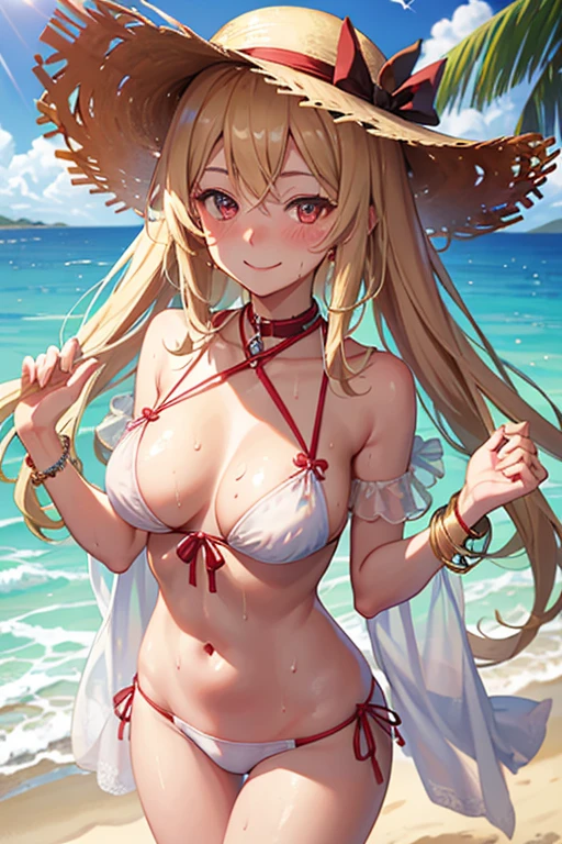 20 yeas old, girl, blonde hair, long hair, straw hat, slim, big tits, beautiful bust, narrow red eyes, cute, 
(embarrassed,  blush:1.2), (ecstasy:0.4), (think:1.8), (smile:1.5), (sweat:1.2), t-shirt, See-through, micro bikini, ribbon, frills, sun glasses, handcuffs, choker, frontal, standing, centet of attention, beachside, bracelet 