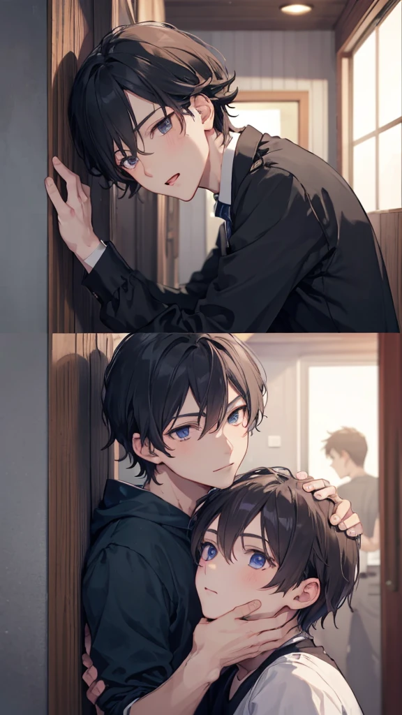2 boys, Look at each other, The first boy is on top of the second boy, kabedon