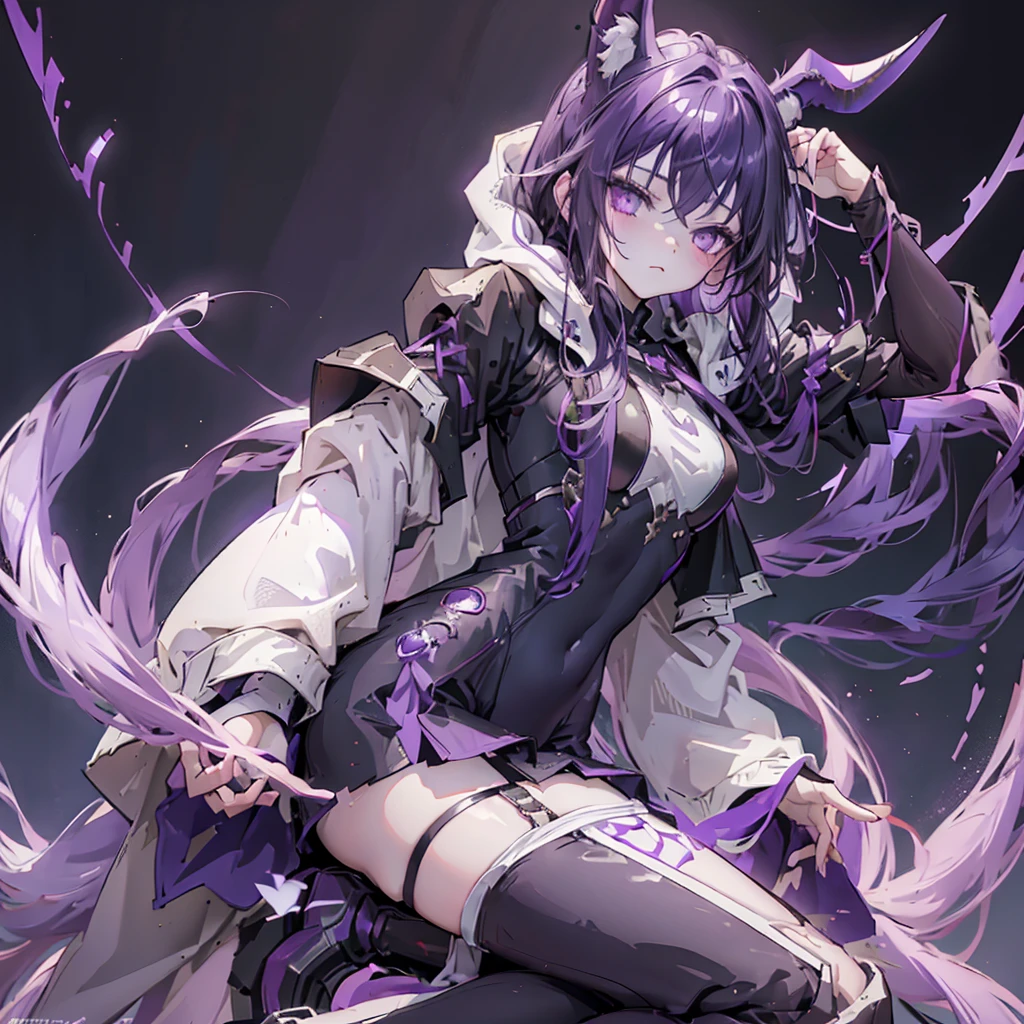 boy rabbit thoughtful look open forehead. dark purple hair braided into a ponytail on the left side. sinuous black horns wrapped in dark purple ribbon. pale violet eyes. in short dark purple shorts. long white T-shirt. dark purple knee-high socks. white long cloak with hood inside. stone walls purple light
