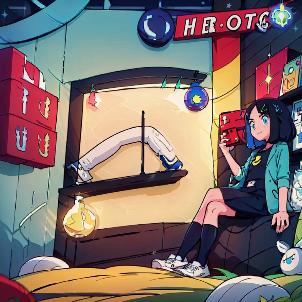 (masterpiece), Highest quality, Expressive eyes, Neon pastel aesthetics, Retro 90s, Neon color,((Girl sitting on sofa,In a cozy room,Records hanging on her wall, Comic books on the floor, Looking out the window behind her at the night city, Upholstered room, Anime figures lined up on a shelf)), Wearing headphones, (All around her it sparkles), (wearing thick colorful sneakers), (blue eyes), (Soft look), (Synthwave Art Style), Colorful Hair, Desk with PC set up