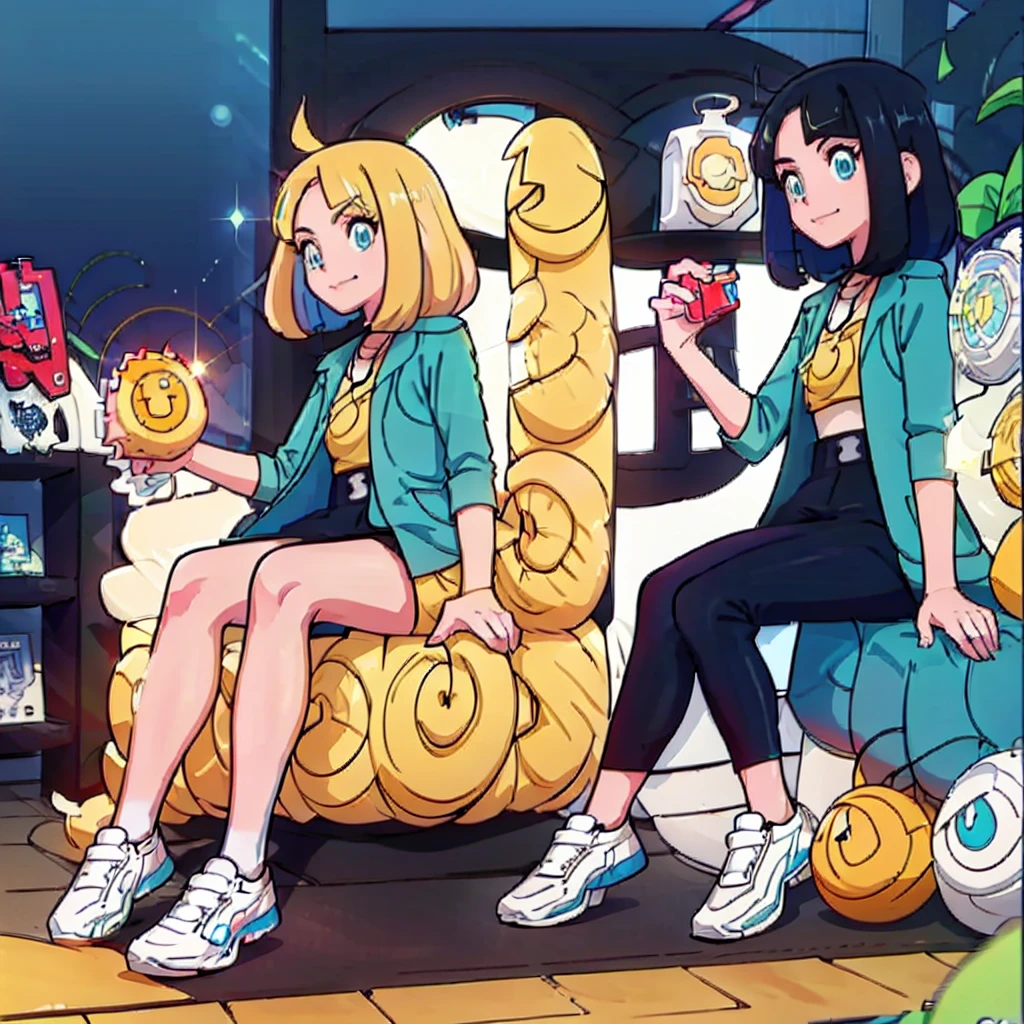 (masterpiece), Highest quality, Expressive eyes, Neon pastel aesthetics, Retro 90s, Neon color,((Girl sitting on sofa,In a cozy room,Records hanging on her wall, Comic books on the floor, Looking out the window behind her at the night city, Upholstered room, Anime figures lined up on a shelf)), Wearing headphones, (All around her it sparkles), (wearing thick colorful sneakers), (blue eyes), (Soft look), (Synthwave Art Style), Colorful Hair, Desk with PC set up