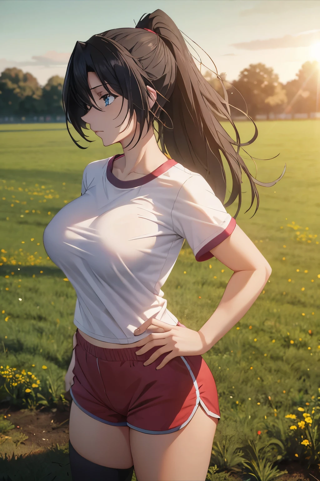 1 woman, long hair,ponytail, black hair, blue eyes,Standing in the training ground, field, big breast,morning, bright sun, white sports t-shirt, red shorts, looking away ,close up photo