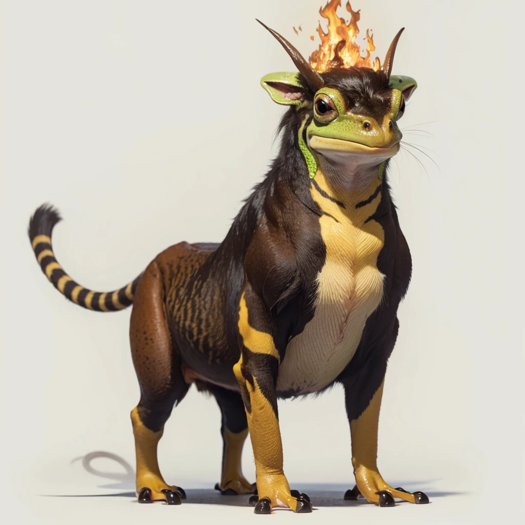 Small Animaly, (tall animal), has yellows stripes on his skin, his body is shaped like a mammoth but his face is like a frog and a fire, Grassroots background