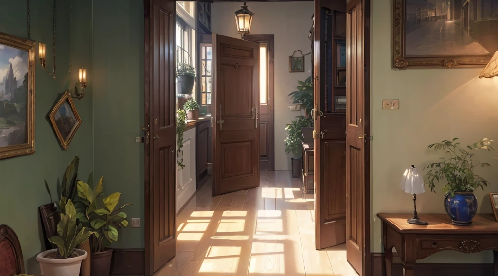 (best quality, 4k, 8K, high resolution, masterpiece: 1.2), Very detailed, (nobody: 1.5), Outside the door,Open door, indoor,cozy indoor, lamp, bookshelf, Potted plants,Sunlight,Warmth