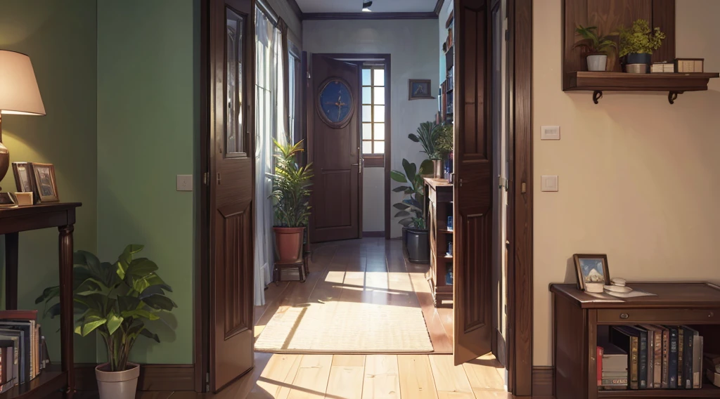 (best quality, 4k, 8K, high resolution, masterpiece: 1.2), Very detailed, (nobody: 1.5), Outside the door，Open door， indoor，cozy indoor, lamp, bookshelf, Potted plants，Sunlight，Warmth