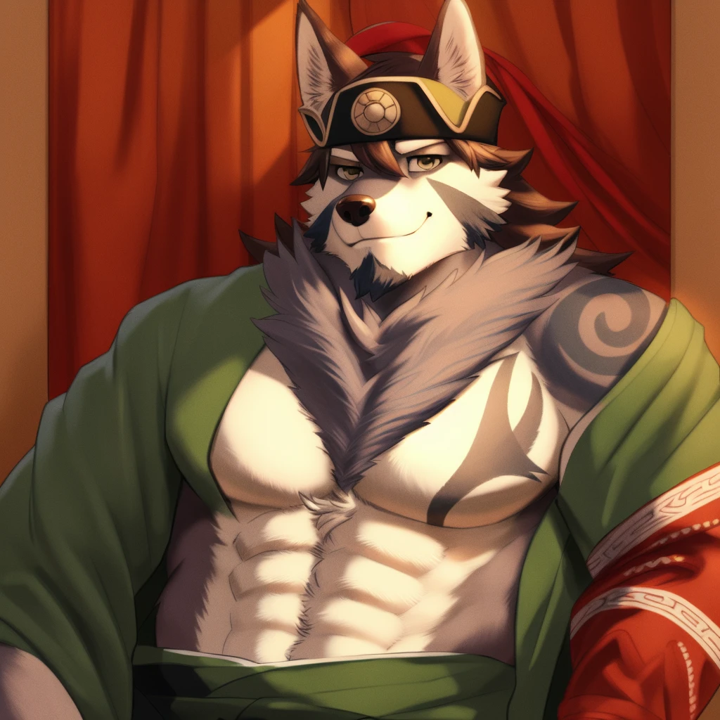 temujin, solo, mature male, bara, muscular male, wolf tail, smile, (pose:1.3), (posing:1.3), (soft shading), 4k, hi res, ((detailed face, (detailed eyes:1.0), detailed)), (full body), by zackarry911, by zaush, (by personalami:0.5), looking at viewer, smile, 1boy, upper body, male focus, japanese clothes, open clothes, fang, kimono, headband, open kimono, bare pectorals, green kimono, hadanugi dousa, tusks, portrait, close_up