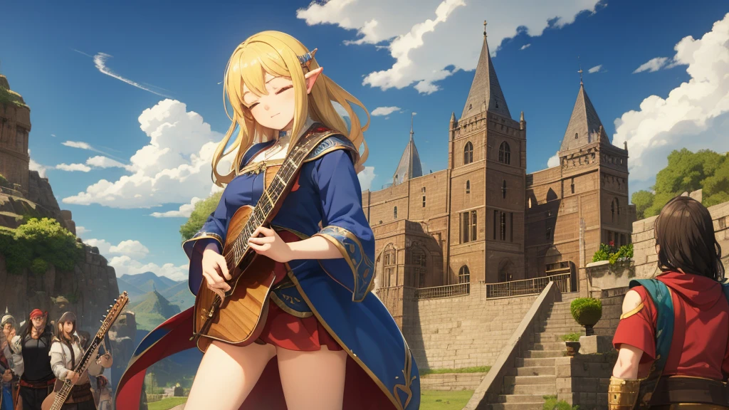 Anime Style,The medieval world,A lively bar with many people,Beautiful sky,Beautiful bard elf girl with closed eyes,guitar
