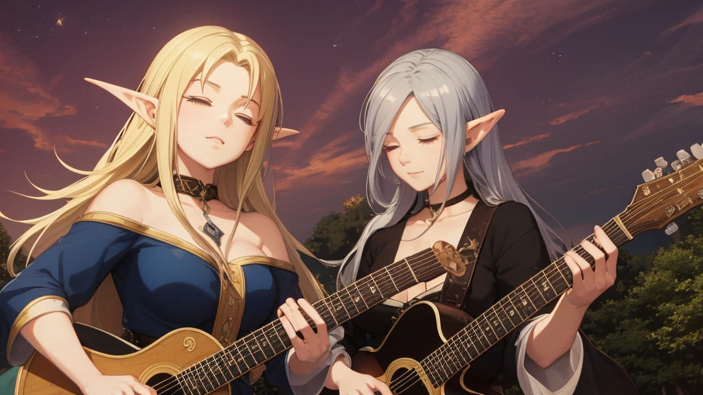 Anime Style,The medieval world,A lively bar with many people,Beautiful sky,Beautiful bard elf girl with closed eyes,guitar