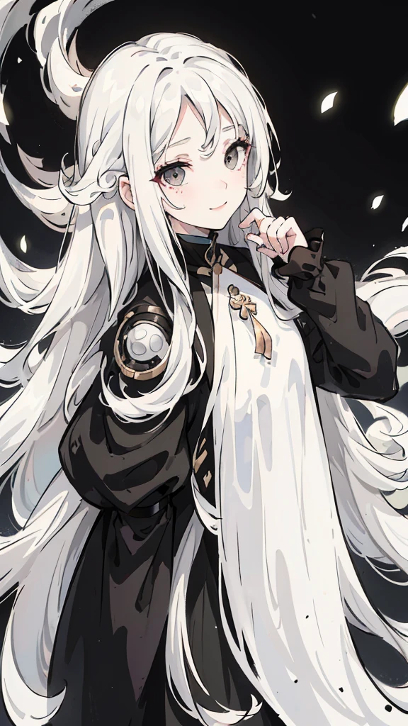 Woman , long wavy white hair, long wavy white hair, long wavy hair, long wavy hair, black eyes, black eyes, FOV, f1.8, masterpiece, front portrait shot, black and white casual modern clothing, plain black and white colored background, close up, smiling, standing, full-body