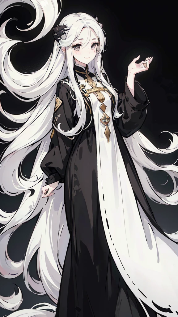 Woman , long wavy white hair, long wavy white hair, long wavy hair, long wavy hair, black eyes, black eyes, FOV, f1.8, masterpiece, front portrait shot, black and white casual modern clothing, plain black and white colored background, close up, smiling, standing, full-body