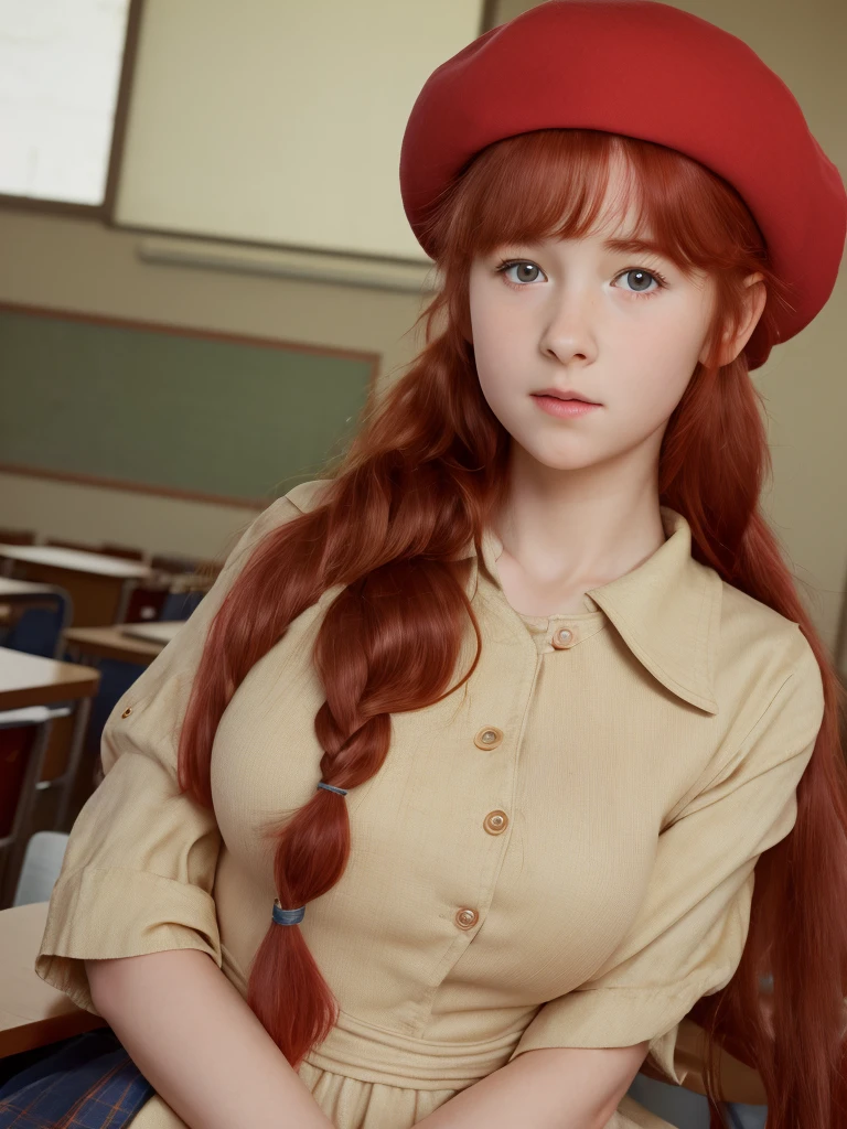 (best quality,4k,8k,highres,masterpiece:1.2),ultra-detailed,(realistic,photorealistic,photo-realistic:1.37), ((classroom, school girl, she wears dress and beret, shy, braided red hair, pale skin)), ((slim body, very large bust size for her young age))