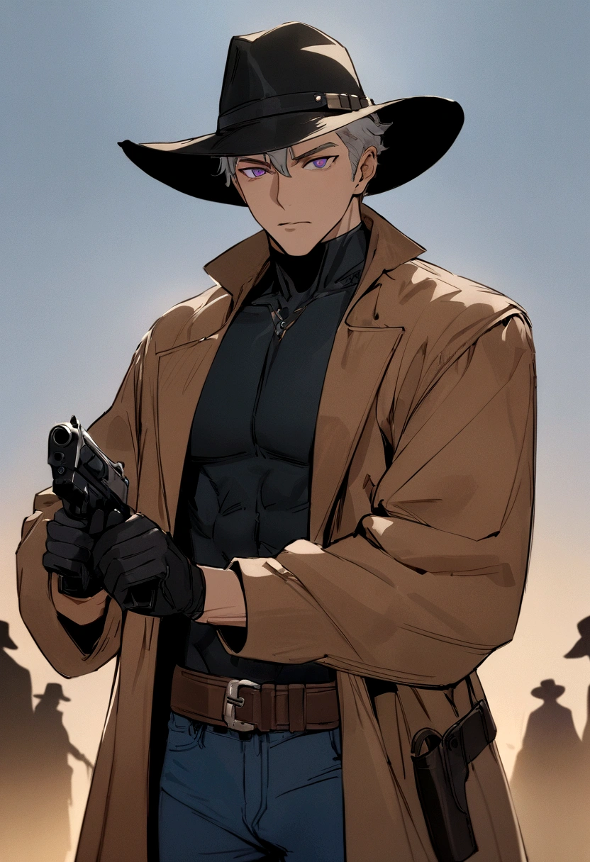 (masterpiece, best quality:1.2) best quality, boy design, short gray hair, boy face, boy body,  focused look, purple eyes,  black cowboy hat, black tight shirt, brown Duster coat, black gloves, blue jeans, western black boots, black cowboy holster,  2 guns, holding guns in hands.