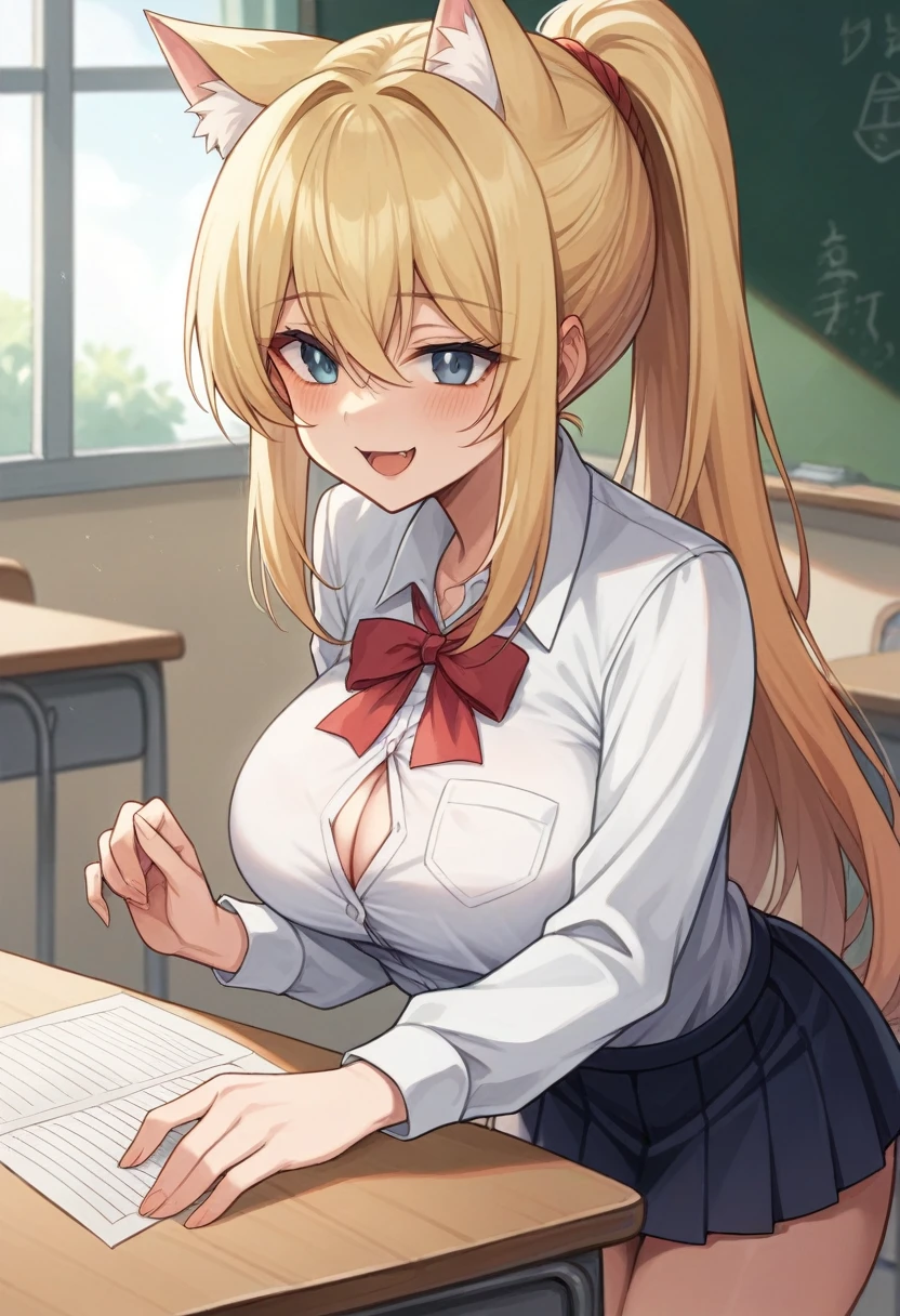 Real、8K High Resolution、Cat ear、Girl、、blouse、mini skirt、Broad shoulders、Breast enlargement、Cleavage、classroom、curtain、Gentle Breeze、Long Hair、ponytail、Leaning forward、Reach for your desk、Smile of joy、Joy、Bold、