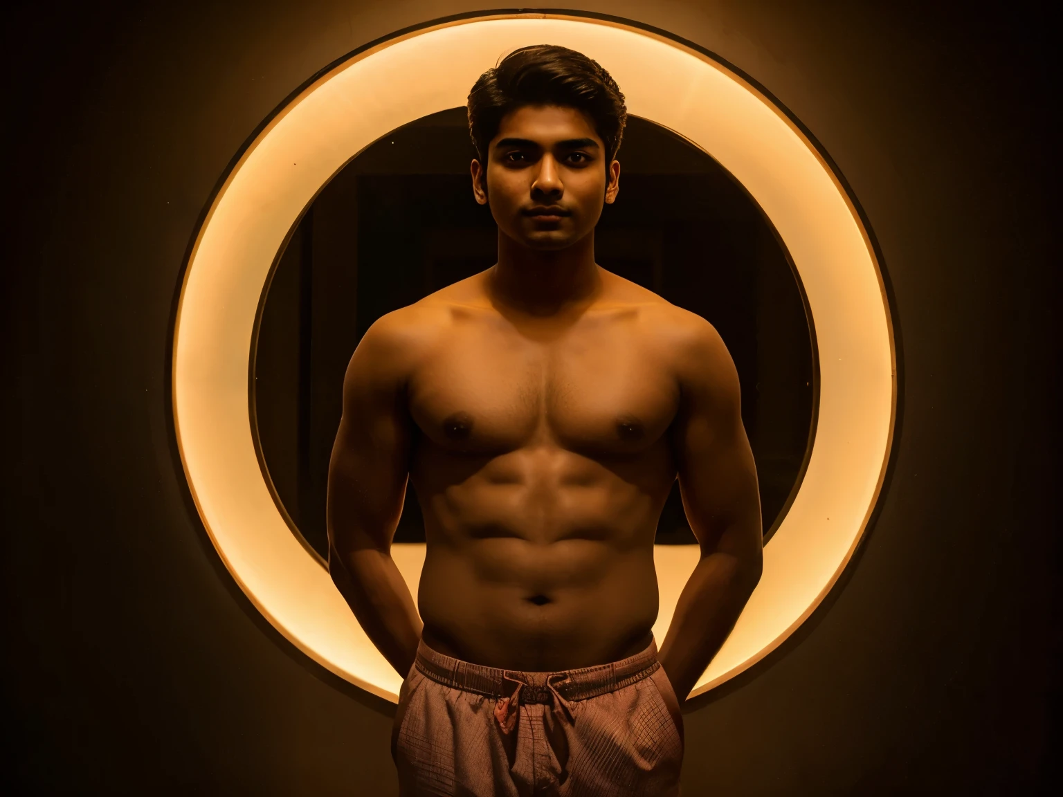 20 year old indian boy With fair skin without beard and moustache and narrow body style Posing in red light background