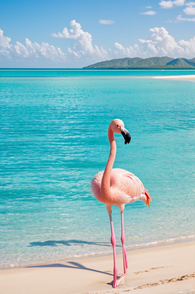 flamingo photo Standing on a white beach with clear blue water.