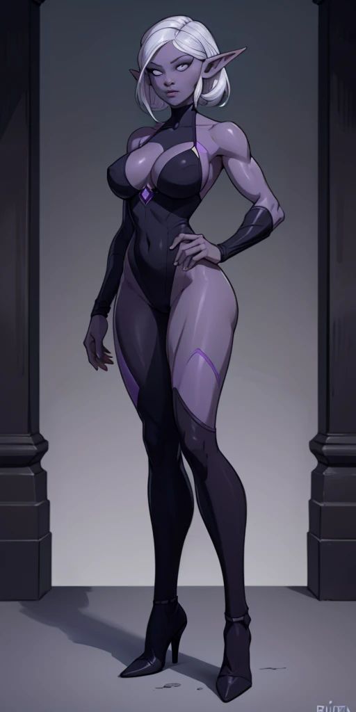 Full body, masterpiece, 1solofemale drow elf purple grey dark skin standing pose bikni