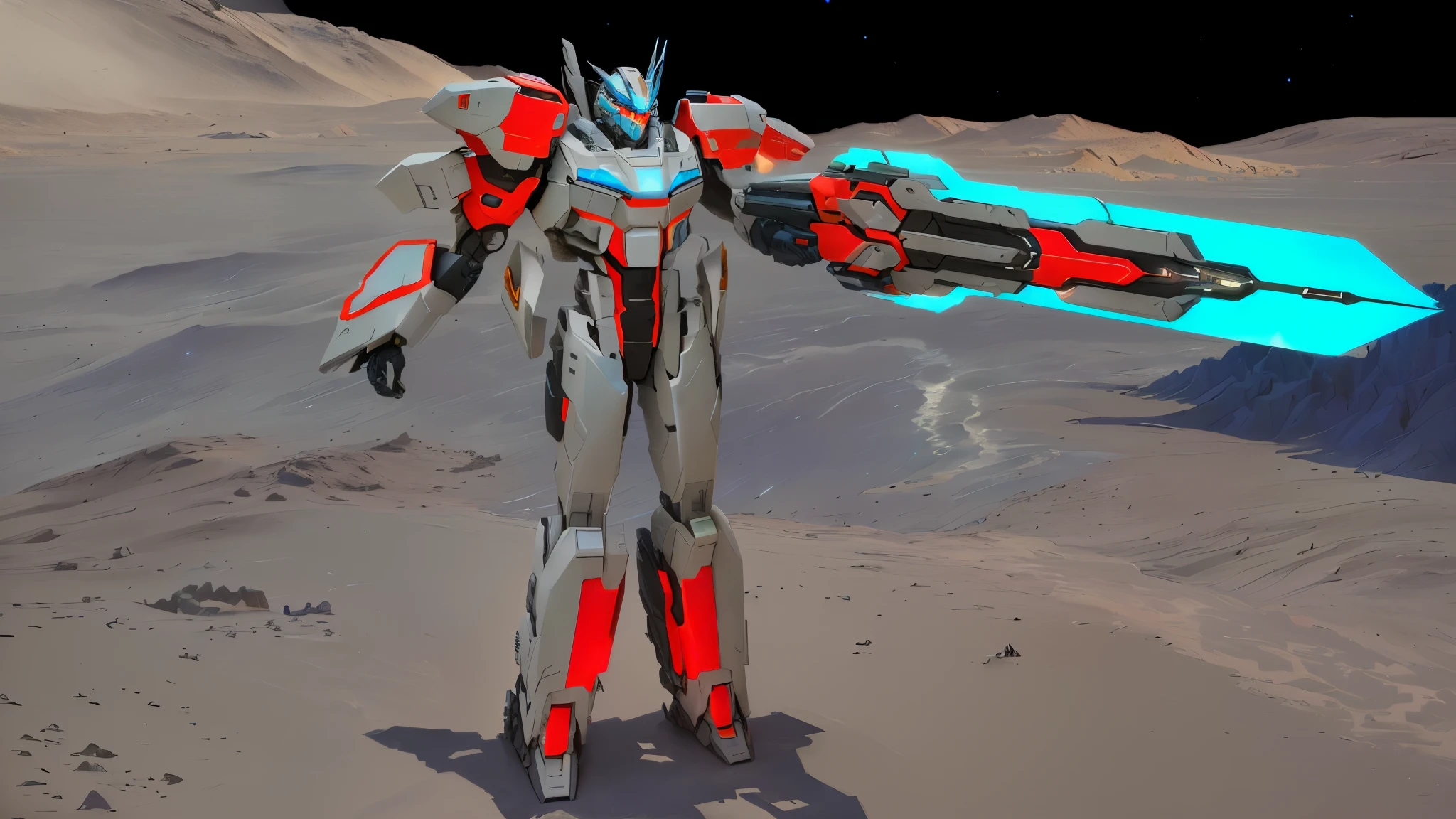 transformers, a grey colored male transformer with red inserts, symmetrically arranged red parts, on the frontof the body not transparent cabin, arms from elbows to hands look like the front part of a aircraft, wheels are visible on the shoulders, He holds a big sci-fi weapon, no helmet, light blue eyes, two legs, two arms, not a suit, on a background there is an empty dark blue metal desert, no buildings, no structures, dark blue storm clouds, light blue lightning from the clouds, blue river, river to the horizon, electrified river, light blue lightning from the river, space sky, stars in the sky, composition on the metal planet, big metalic planet, dark-blue metal, shiny metal, cybertron, mechanical planet, empty wasteland, dark blue storm clouds, light blue lightning from clouds, blue river, river to horizon, electrized river, light blue lightning from river, space sky, stars on the sky, realistic, watercolor, 4k, high quality, hight attention to details, concept art, concept art by Chris Mowry.