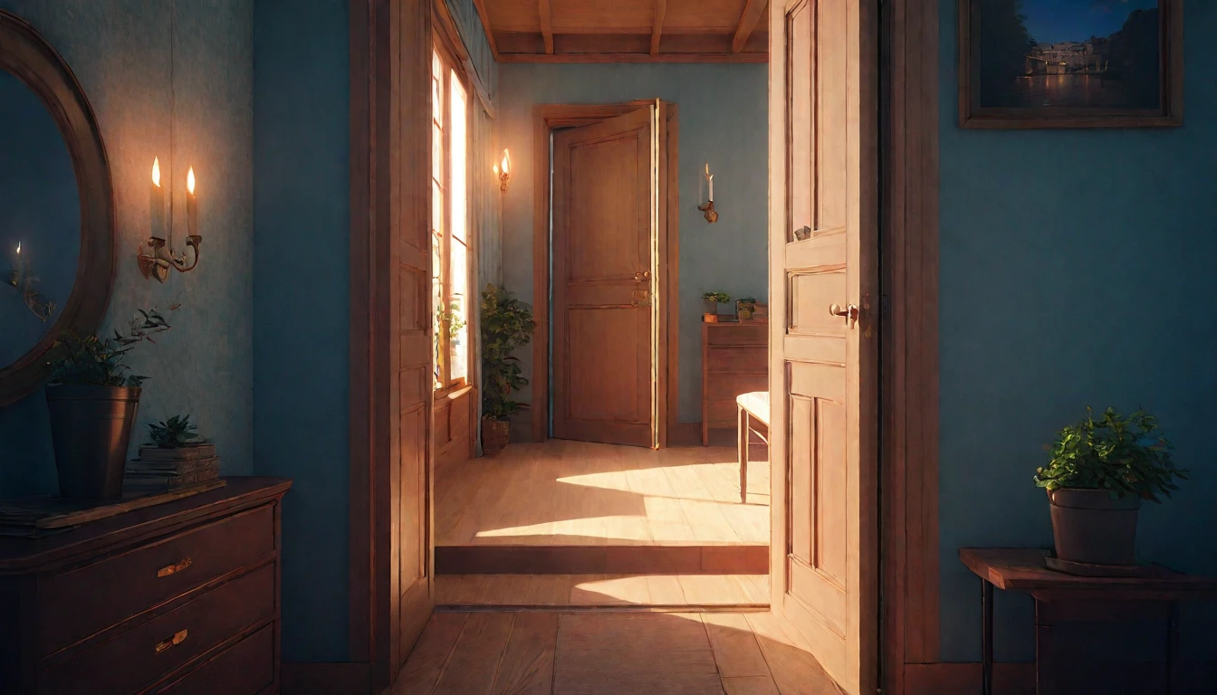 (best quality, 4k, 8K, high resolution, masterpiece: 1.2), Very detailed, (nobody: 1.5), Outside the door,Open door, indoor,cozy indoor, lamp, bookshelf, Potted plants