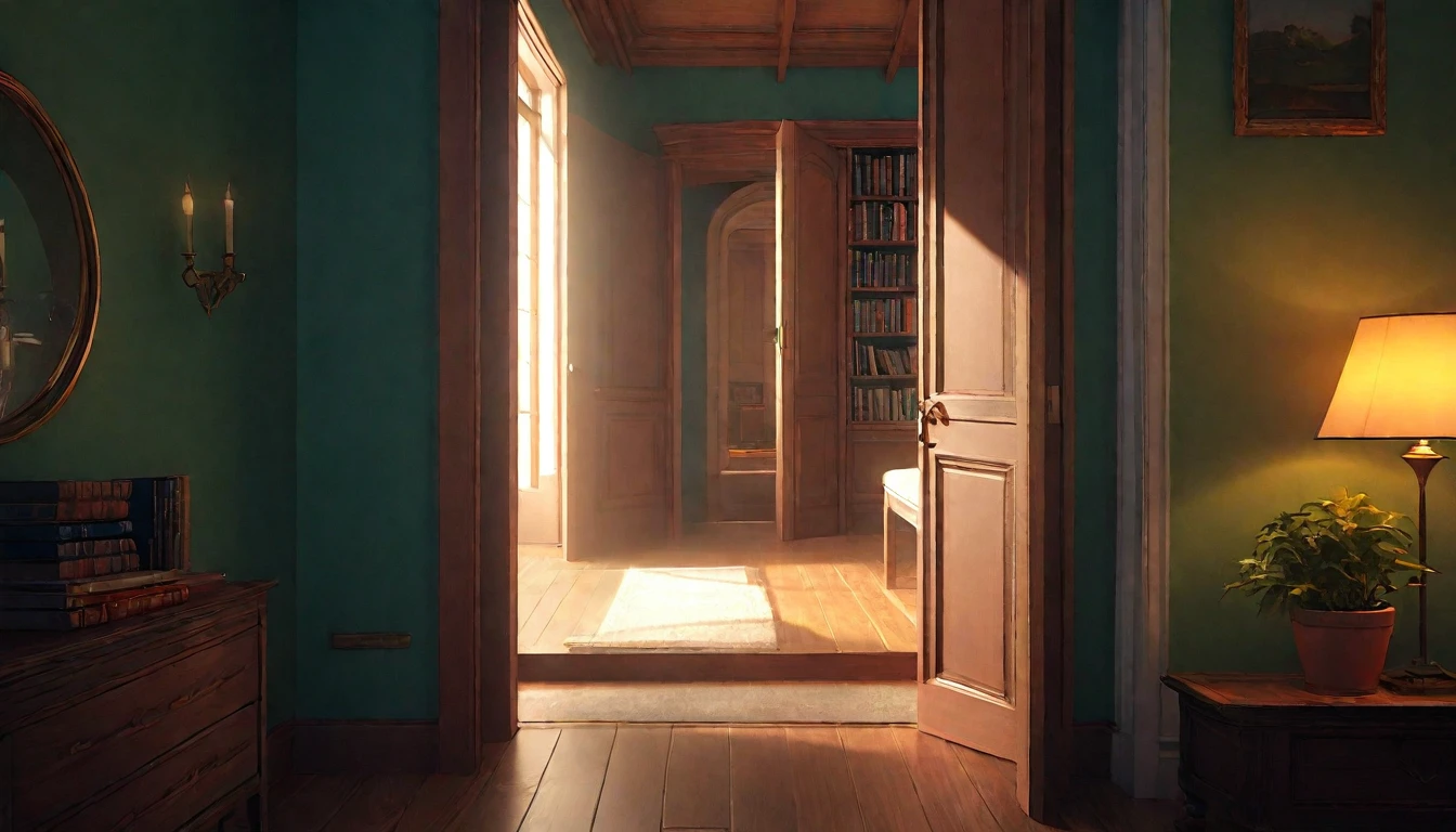 (best quality, 4k, 8K, high resolution, masterpiece: 1.2), Very detailed, (nobody: 1.5), Outside the door,Open door, indoor,cozy indoor, lamp, bookshelf, Potted plants