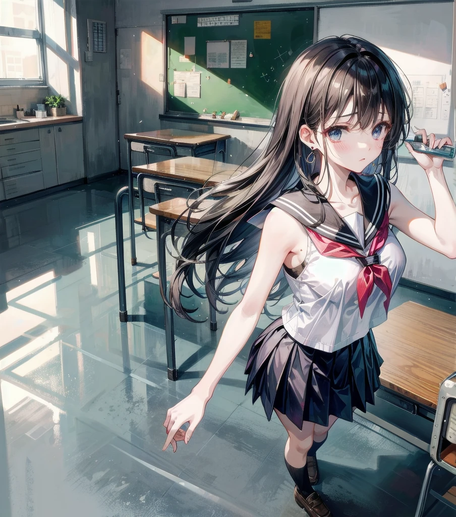 full body, earring, medium hair, medium tits, tearful mole, school_uniform, sailor uniform, sleeveless, school, classroom,