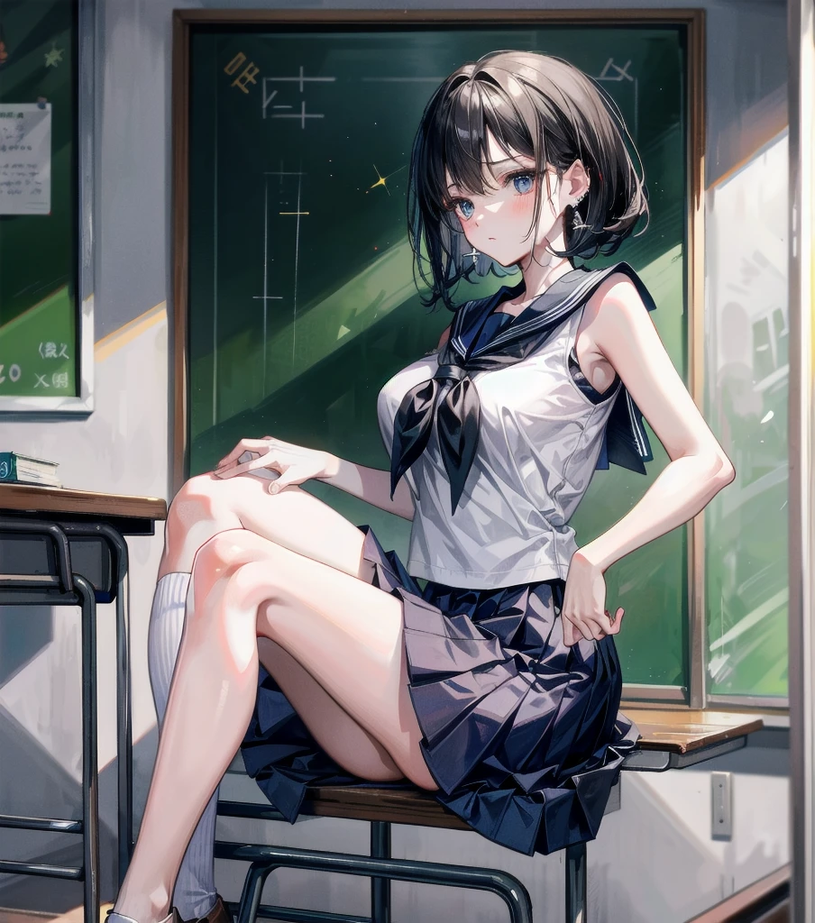 full body, earring, medium hair, medium tits, tearful mole, school_uniform, sailor uniform, sleeveless, school, classroom,