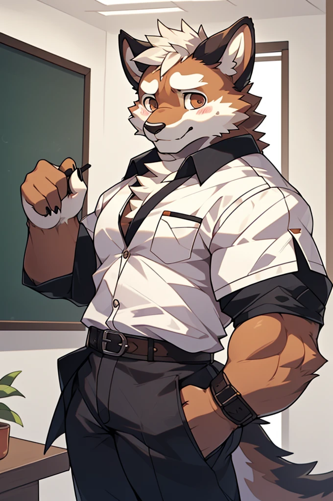 (highest resolution, Dynamic HDR, 4k, full HD) , furry, About 30 years old, หมาป่าขนbrown, ตัวbrown, brown_eyes, Random clothes, A little embarrassed, shrink, upper body, round_cornea ,muscle ,Professor ,teacher