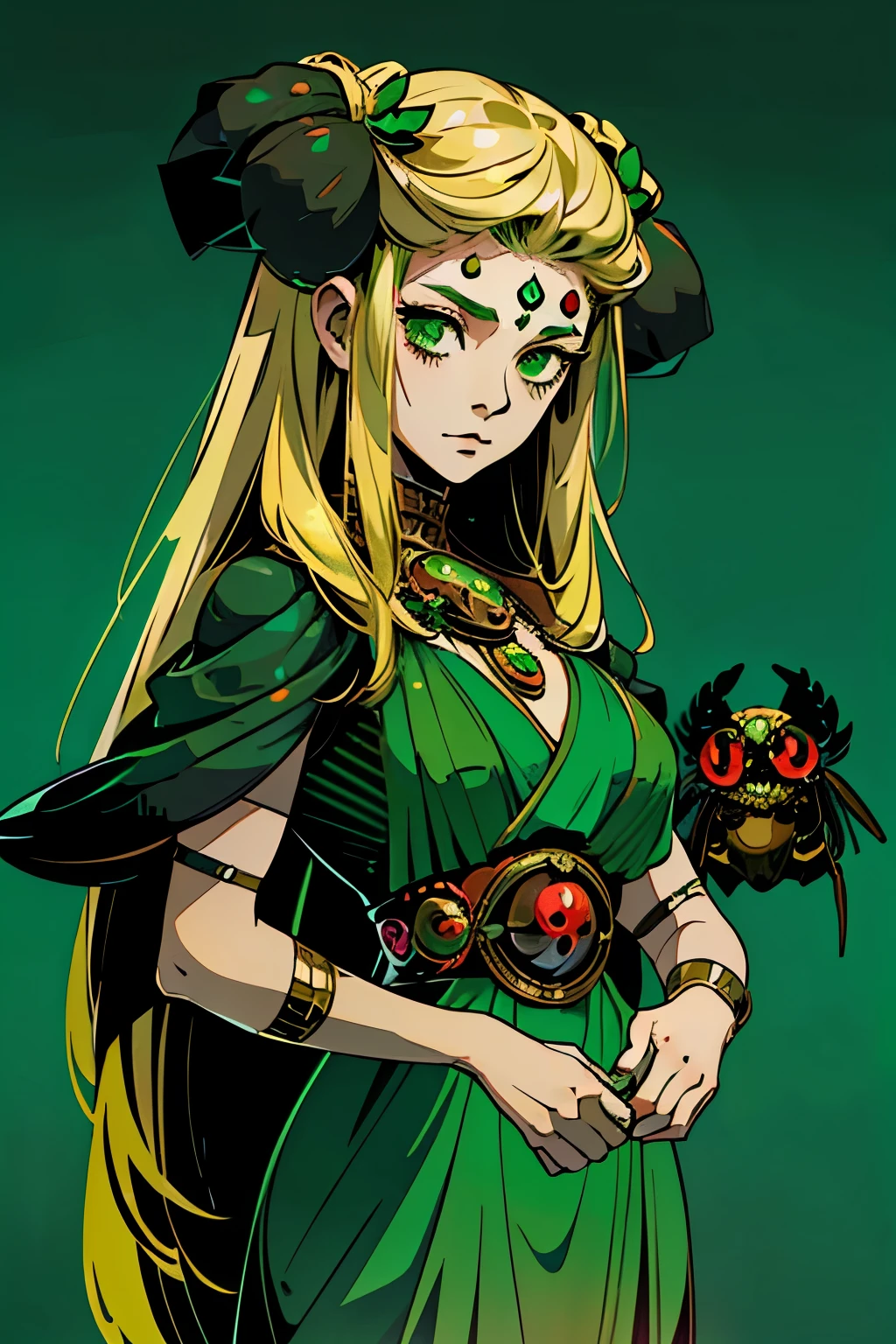 1girl, young, little, 6 years old, chibi, komusume, blonde long hair, green clothes, insect green eyes, arachnid style, background filled with insects, tartarus background, scenery, main character, boss style, hades style, Arachne, Arachnea