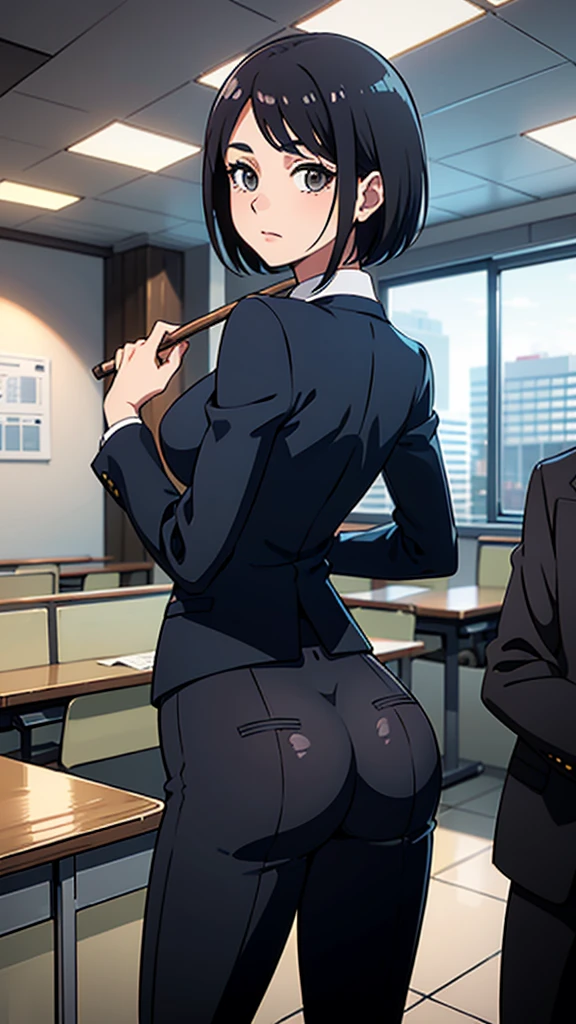 (Highest quality, 8k, 32K, masterpiece, Ultra-high resolution:1.2), One girl, Beautiful Japanese Women, Tight waist, grey suit, Open jacket, office lady, suit, pants, From behind, Office Room, machine, (Stick your butt out:1.2), Detailed face, short hair, View your viewers