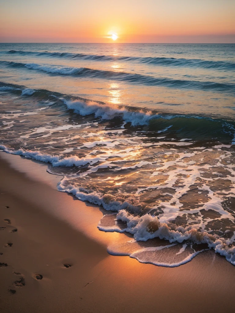 Sunset、Sandy Beach、Wave、Calm、footprints