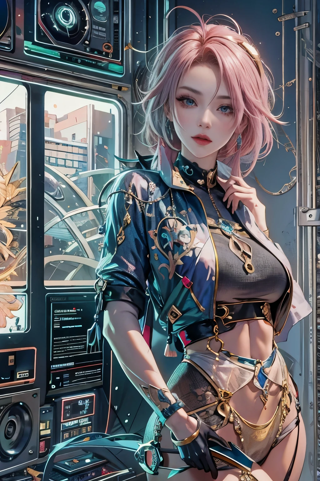 woman, Realistic characters, Green hair and pink hair, blue eyes, anime, alone, Modern, cyber punk, Large, firm, swaying bust, Dynamic sexy pose