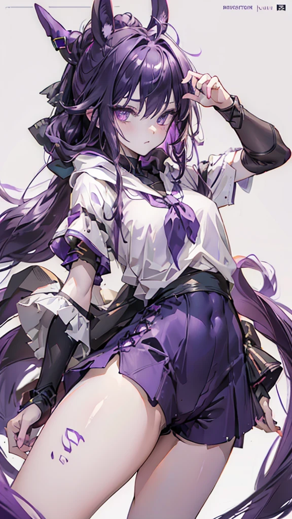 boy rabbit thoughtful look open forehead. dark purple hair braided into a ponytail on the left side. sinuous black horns wrapped in dark purple ribbon. pale violet eyes. in short dark purple shorts. long white T-shirt. dark purple knee-high socks. white long cloak with hood inside. stone walls purple light