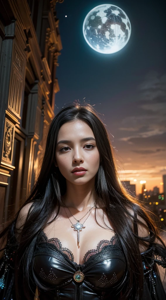 realista detalhado retrato fotorrealista filme tiro de uma bela mulher negra com uma aranha gigante, Dystopian Cityscape Background by Denis Villeneuve, Amor, Yves Tanguy, Alphonse Mucha, Ernst Haeckel, David Lynch, Eduardo Robert Hughes, Rogério Rector, cyber necklace, cores ricas e mal-humoradas, Cyber patterns, wide angle
