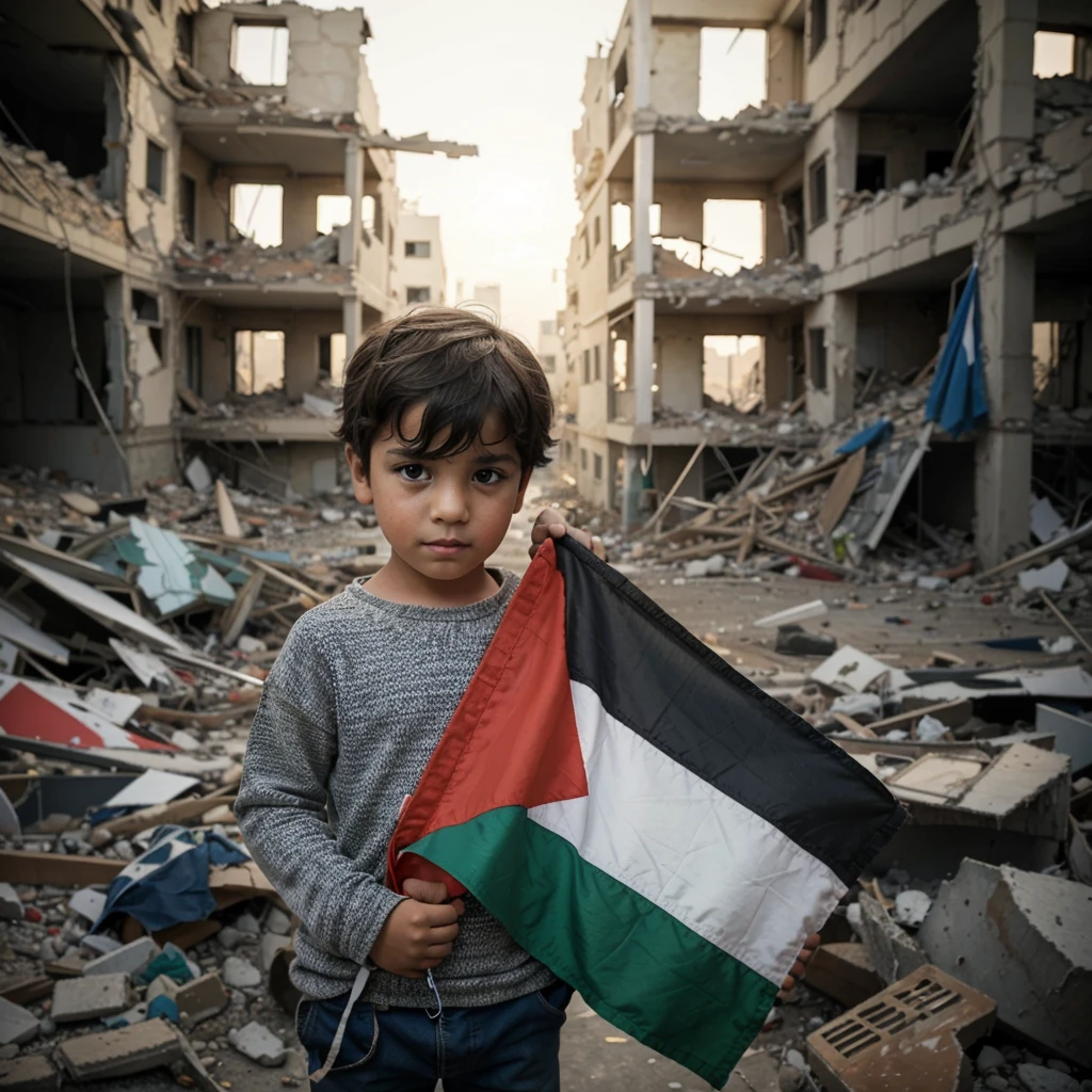5 year old boy standing in destroyed building holding Palestinian flag with sad face 