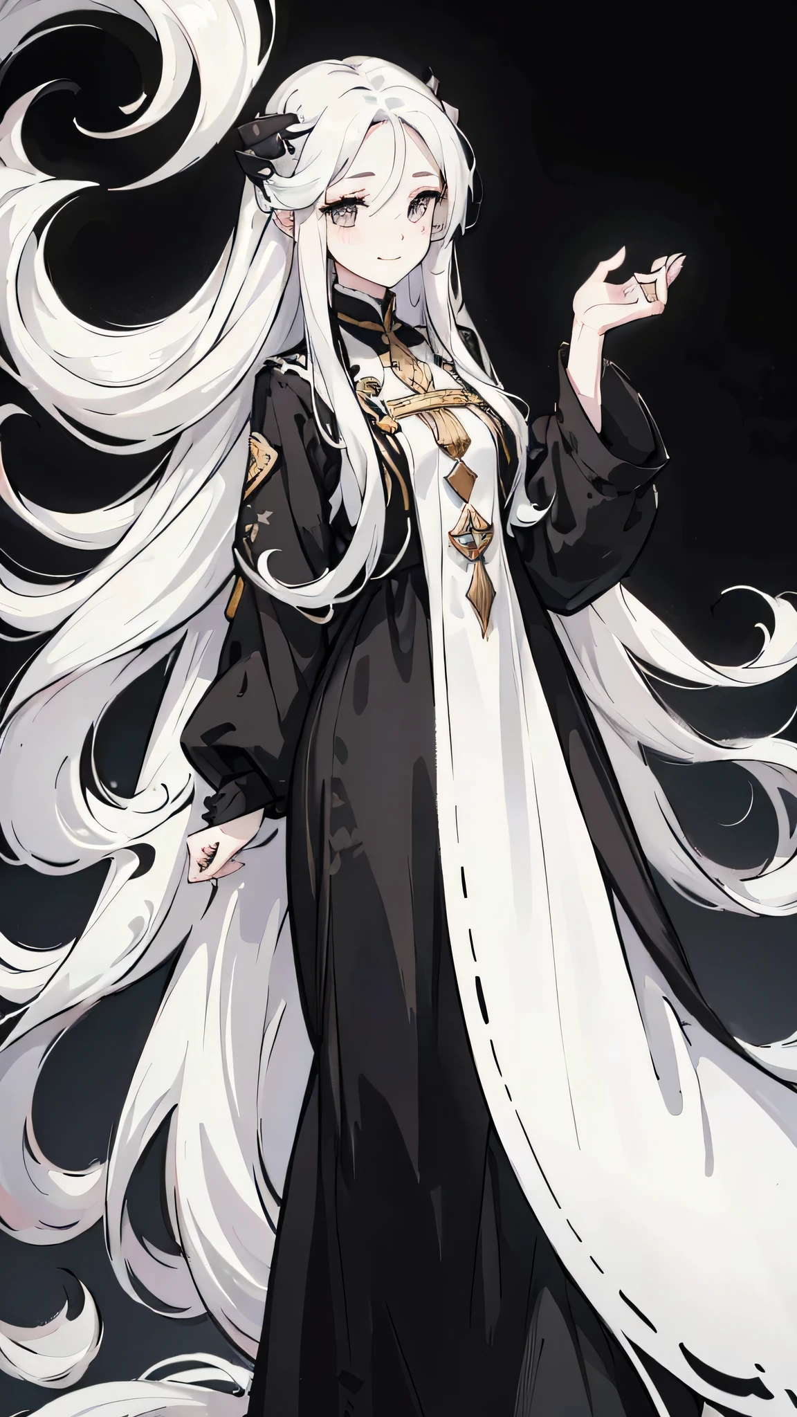 Woman , long wavy white hair, long wavy white hair, long wavy hair, long wavy hair, black eyes, black eyes, FOV, f1.8, masterpiece, front portrait shot, black and white casual modern clothing, plain black and white colored background, close up, smiling, standing, full-body