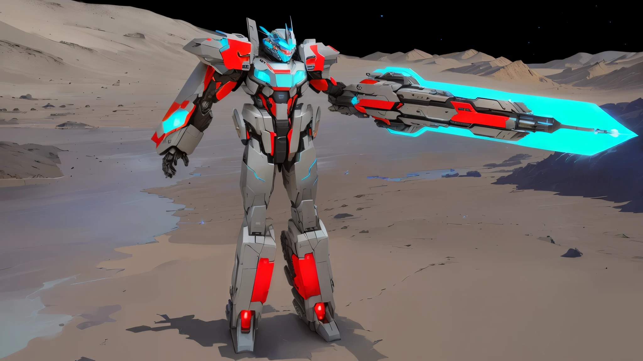 transformers, a grey colored male transformer with red inserts, symmetrically arranged red parts, on the frontof the body not transparent cabin, arms from elbows to hands look like the front part of a aircraft, wheels are visible on the shoulders, He holds a big sci-fi weapon, no helmet, light blue eyes, two legs, two arms, not a suit, on a background there is an empty dark blue metal desert, no buildings, no structures, dark blue storm clouds, light blue lightning from the clouds, blue river, river to the horizon, electrified river, light blue lightning from the river, space sky, stars in the sky, composition on the metal planet, big metalic planet, dark-blue metal, shiny metal, cybertron, mechanical planet, empty wasteland, dark blue storm clouds, light blue lightning from clouds, blue river, river to horizon, electrized river, light blue lightning from river, space sky, stars on the sky, realistic, watercolor, 4k, high quality, hight attention to details, concept art, concept art by Chris Mowry.