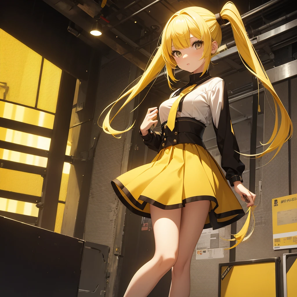 girl in a very short skirt, yellow hair, Twin Tail, full height, 3D wallpaper.