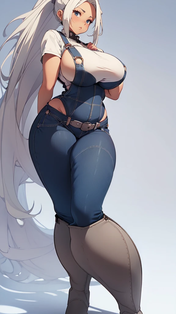 ((blank background)), masterpiece, best quality, silver hair, (curvy:1.8), (massive breast:1.5), ((full body framing)), (long legs:1.6), symmetry, farmer woman, (blue overalls), long boots, belt below navel, lumberjack shirt, ponytail