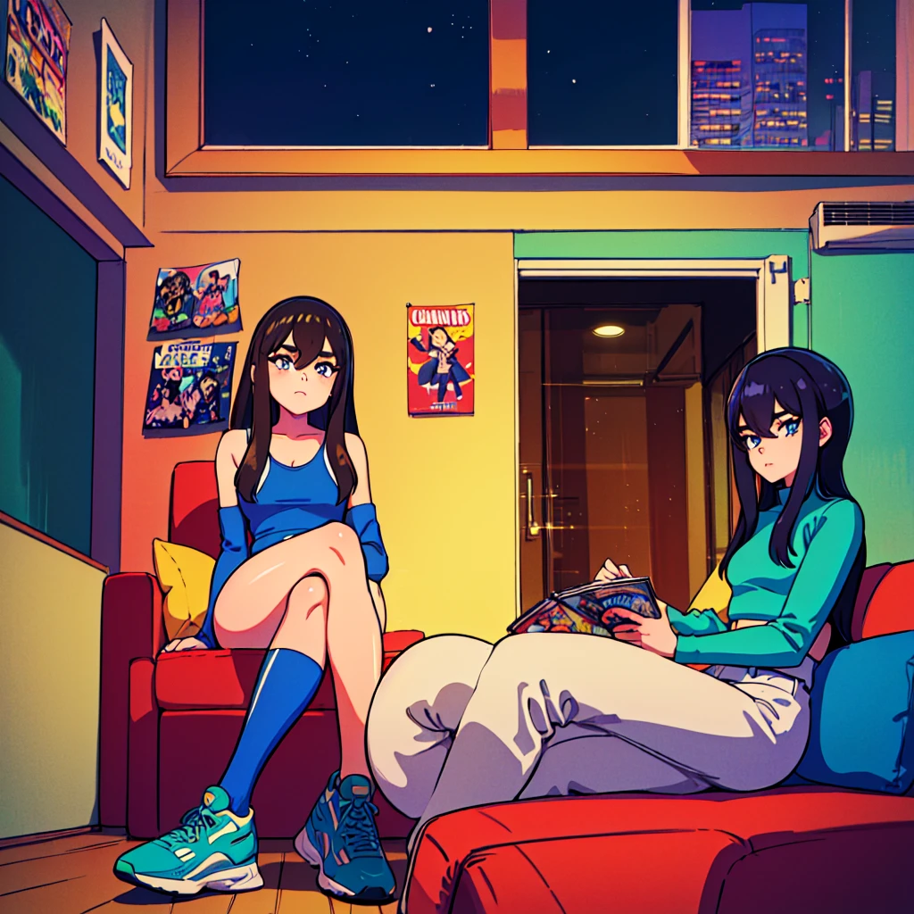 (masterpiece), Highest quality, Expressive eyes, Neon pastel aesthetics, Retro 90s, Neon color,((Girl sitting on sofa,In a cozy room,Records hanging on her wall, Comic books on the floor, Looking out the window behind her at the night city, Upholstered room, Anime figures lined up on a shelf)), Wearing headphones, (All around her it sparkles), (wearing thick colorful sneakers), (blue eyes), (Soft look), (Synthwave Art Style), Colorful Hair, Desk with PC set up