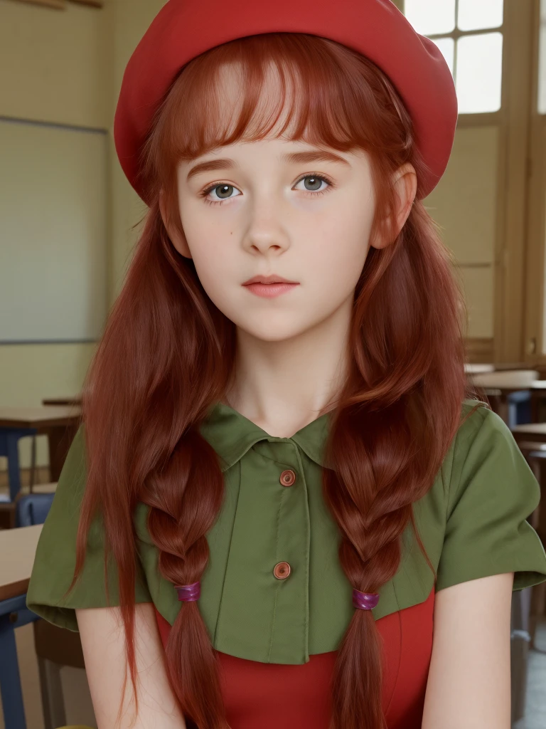 (best quality,4k,8k,highres,masterpiece:1.2),ultra-detailed,(realistic,photorealistic,photo-realistic:1.37), ((classroom, school girl, she wears dress and beret, shy, braided red hair, pale skin)), ((slim body, very large bust size for her young age))