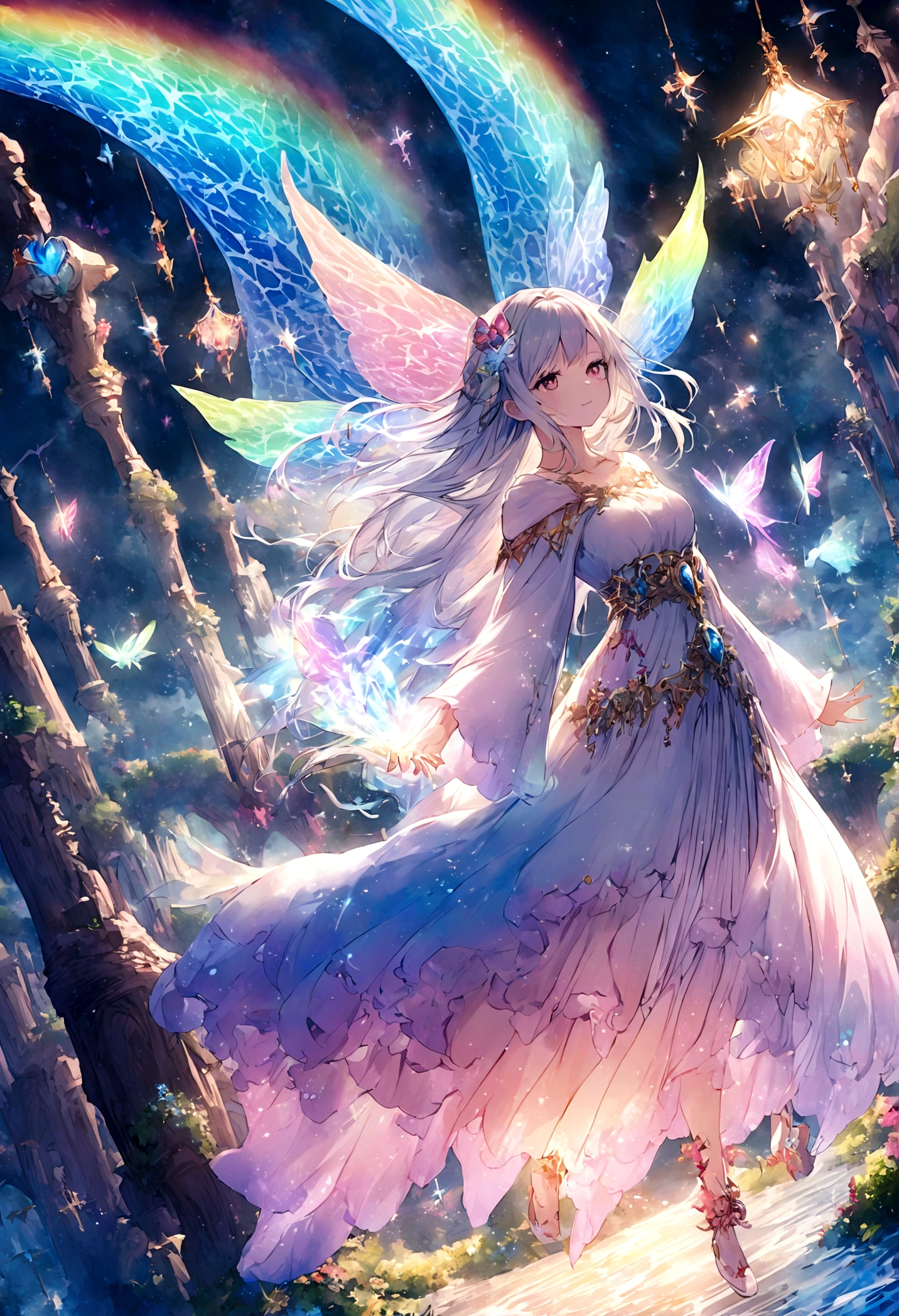 Mysterious glowing spell casting girl, ((Fantasy Rainbow Ocean)), Vibrant colors, Fantastic Light, Detailed speech bubbles, Magical atmosphere, Nice views, Dreamy atmosphere, Sparkling, Loose-fitting robes, The magic touch, Mysterious creatures, ((Sparkling waves)), Mystical symbols, Surreal beauty, haze, There&#39;Magic in the air, A magical moment,Mysterious atmosphere, Whimsical Creatures, Full of charm, Fairy, superpower, Fantasy World