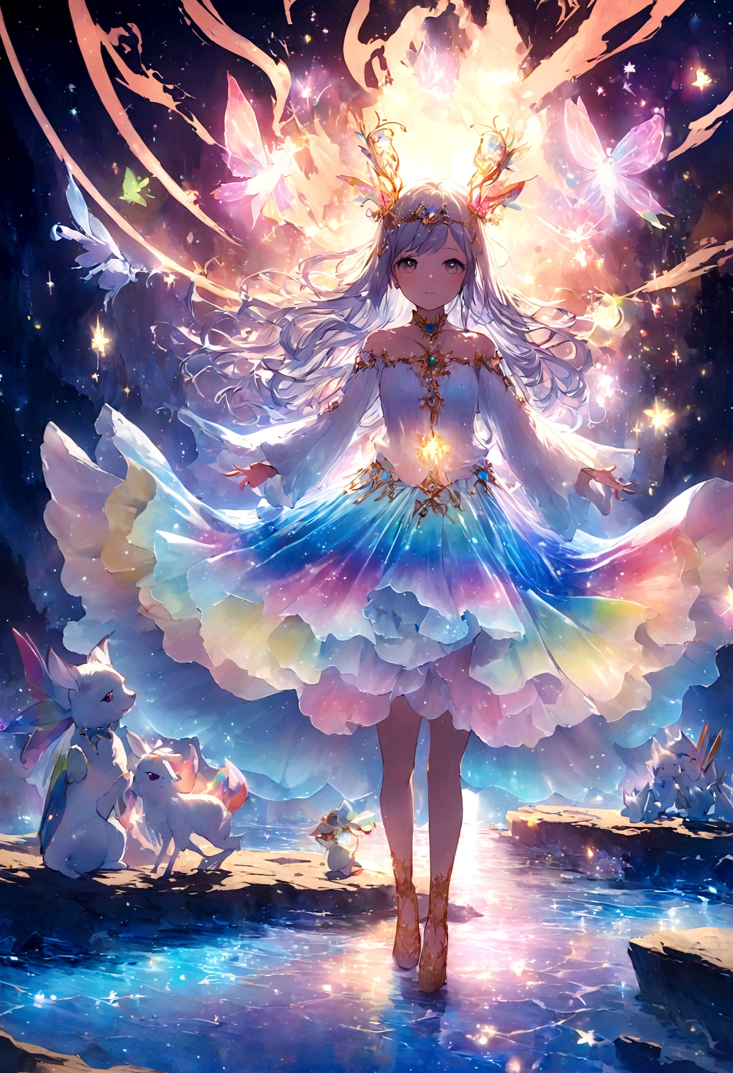 Mysterious glowing spell casting girl, ((Fantasy Rainbow Ocean)), Vibrant colors, Fantastic Light, Detailed speech bubbles, Magical atmosphere, Nice views, Dreamy atmosphere, Sparkling, Loose-fitting robes, The magic touch, Mysterious creatures, ((Sparkling waves)), Mystical symbols, Surreal beauty, haze, There'Magic in the air, A magical moment,Mysterious atmosphere, Whimsical Creatures, Full of charm, Fairy, superpower, Fantasy World