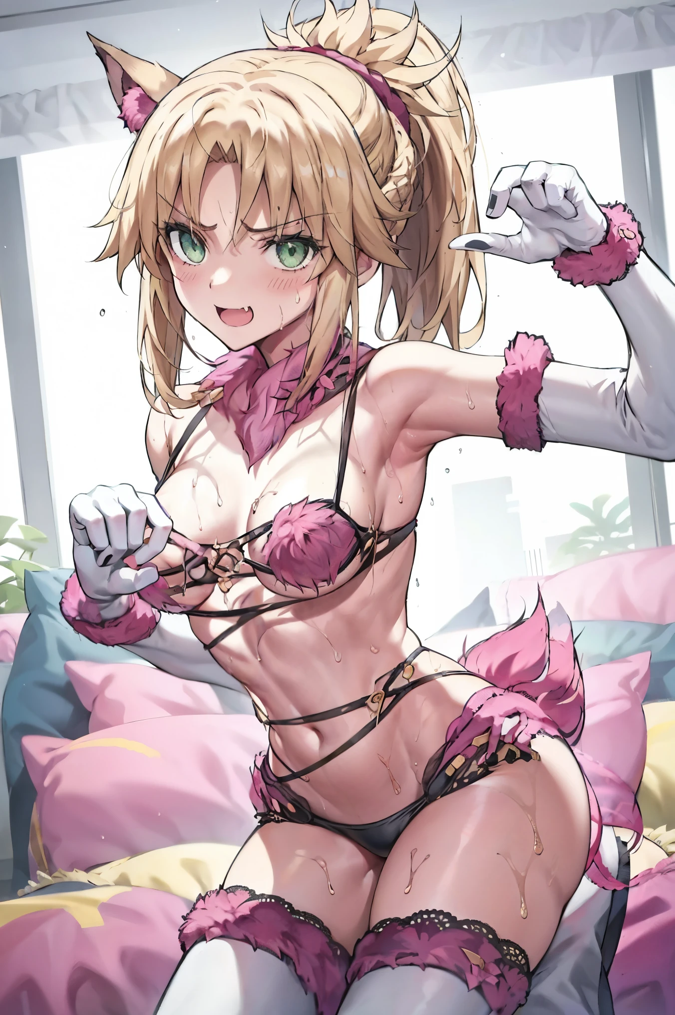 Masterpiece, Best Quality, illustration, city, 1girl, Mordred \(fate\), collarbone, Detailed blond hair ponytail braid, green eyes,,navel,thigh-high, covered_pussy,flat_chest,long_sworddangerousbeast,elbow_gloves,
,wolf_tail,wolf_ears,fang,happy,nihil,smile,spread_legs,claw_pose,armpits,open_mouth,angry,squat,bikini_bottoms,rise_hands,Highquality_hads,perfect_fingers,sweat,