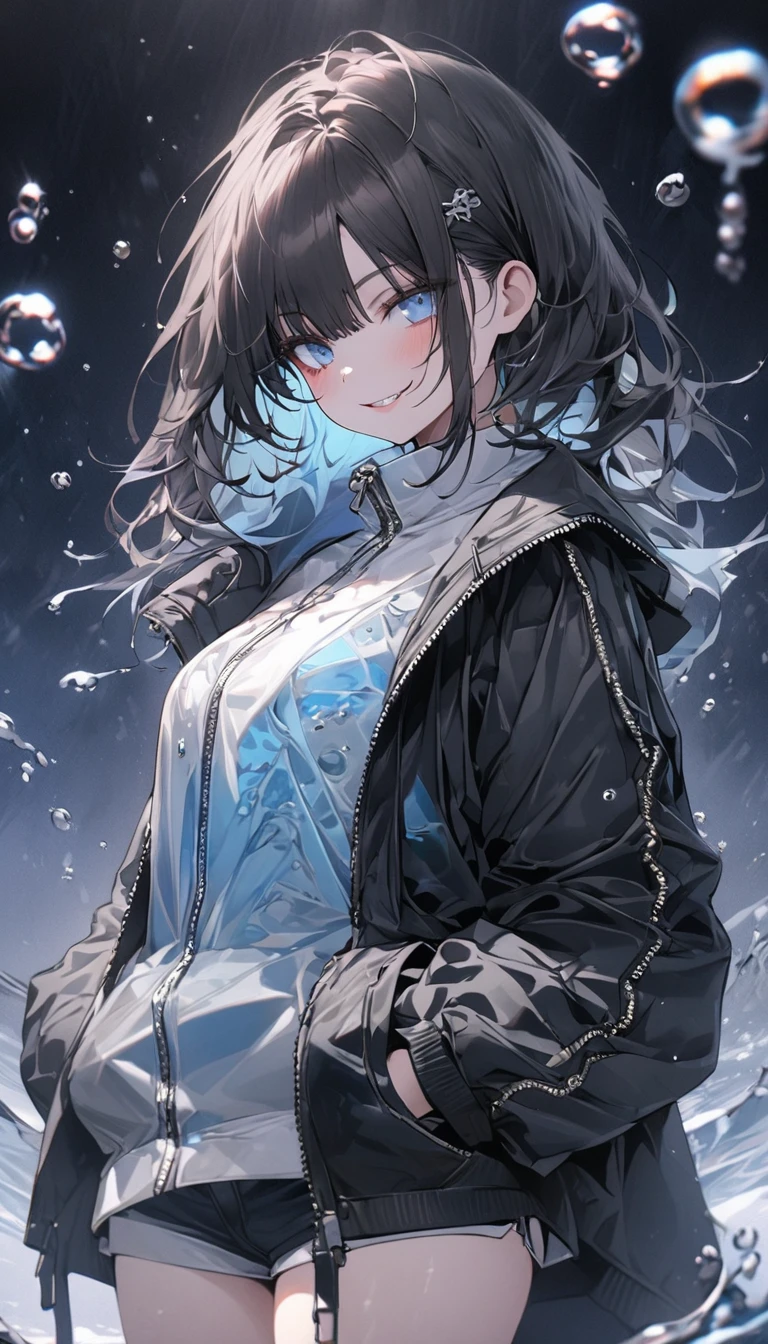 ((top-quality)), ((​masterpiece)), ((ultra-detailliert)), (extremely delicate and beautiful), girl with, solo, cold attitude,((Black jacket)),She is very(relax)with  the(Settled down)Looks,A dark-haired, depth of fields,evil smile,Bubble, under the water, Air bubble,bright light blue eyes,Inner color with black hair and light blue tips,Cold background,Bob Hair - Linear Art, shortpants、knee high socks、White uniform like 、Light blue ribbon ties、Clothes are sheer、Hands in pockets