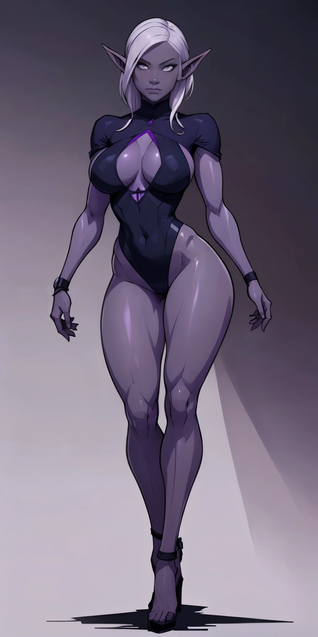 Full body, masterpiece, 1solofemale drow elf purple grey dark skin standing pose bikni