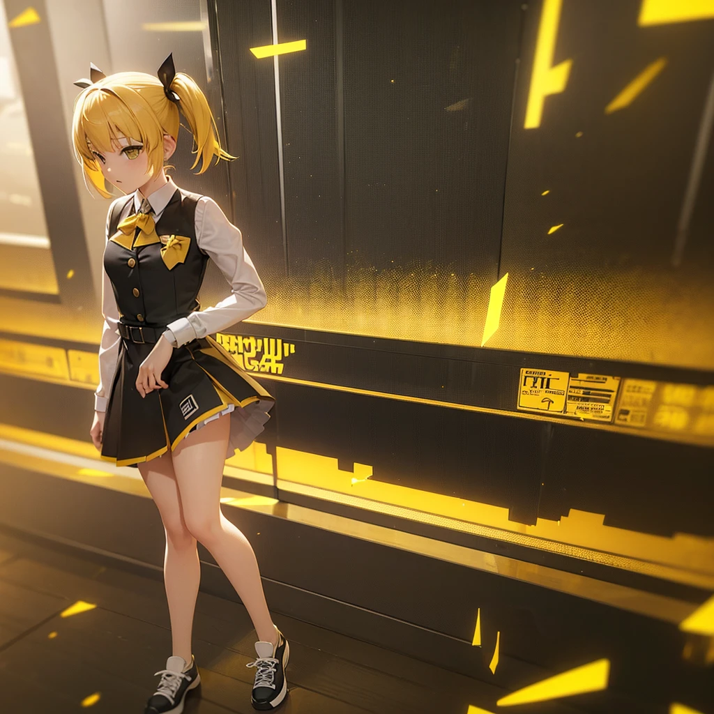 girl in a very short skirt, yellow hair, Twin Tail, full height, 3D wallpaper.