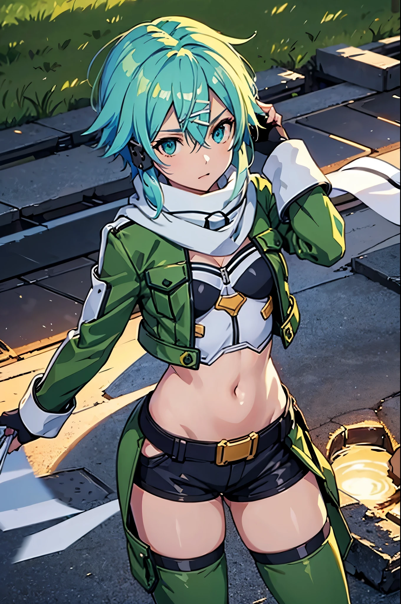 (masterpiece), best quality, expressive eyes, perfect face, highres, sinon1, scarf, fingerless gloves, long sleeves, short shorts,groin, hair ornament, hairclip, green thighhighs, green jacket,covered_nipples, thigh strap, field, sunset_ruins background, ruined structures, dynamic_posing, looking at the viewer, (from above:1.2),covered_navel,