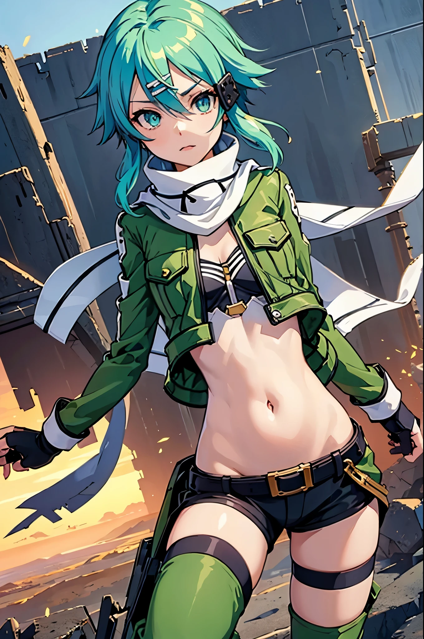 (masterpiece), best quality, expressive eyes, perfect face, highres, sinon1, scarf, fingerless gloves, long sleeves, short shorts,groin, hair ornament, hairclip, green thighhighs, green jacket,covered_nipples, thigh strap, field, sunset_ruins background, ruined structures, dynamic_posing, looking at the viewer, (from above:1.2),covered_navel,