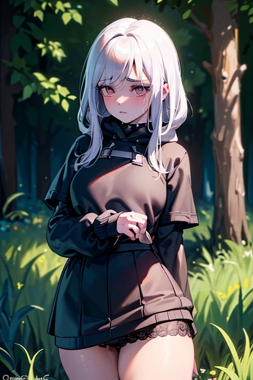 a tender girl, crying girl, white hooded sweater, short skirt, black skirt, lace stockings, depressed girl, highly detailed facial features, extremely detailed eyes and face, long eyelashes, beautiful detailed eyes, beautiful detailed lips, vibrant colors, dramatic lighting, moody atmosphere, emotional portrait, melancholic, somber mood, sorrowful expression, vulnerable, intimate, cinematic lighting, trees and grass in the background, provocative clothing, sexy, (best quality,4k,8k,highres,masterpiece:1.2),ultra-detailed,(realistic,photorealistic,photo-realistic:1.37),emotional,portrait,closeup,dramatic