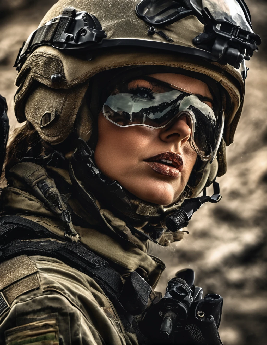 a (altura toda:1.3) pintura digital de (ahwx woman:1.1) as a female special operations soldier, ahwx, Medium length hair, estilizado em grande, Ondas Volumosas., cinematic lighting, epic, inspirador, hdr,